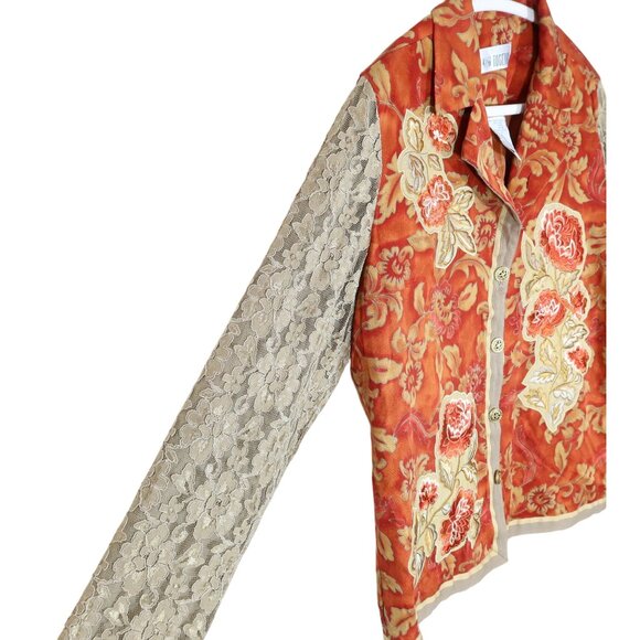 Vintage Floral Embroidered Lace Sleeve Lightweight Jacket Size 10 Boho Orange - Picture 3 of 8